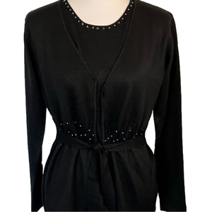 Black Classy Cardigan Sweater With an Attached Tank Trimmed In Beads